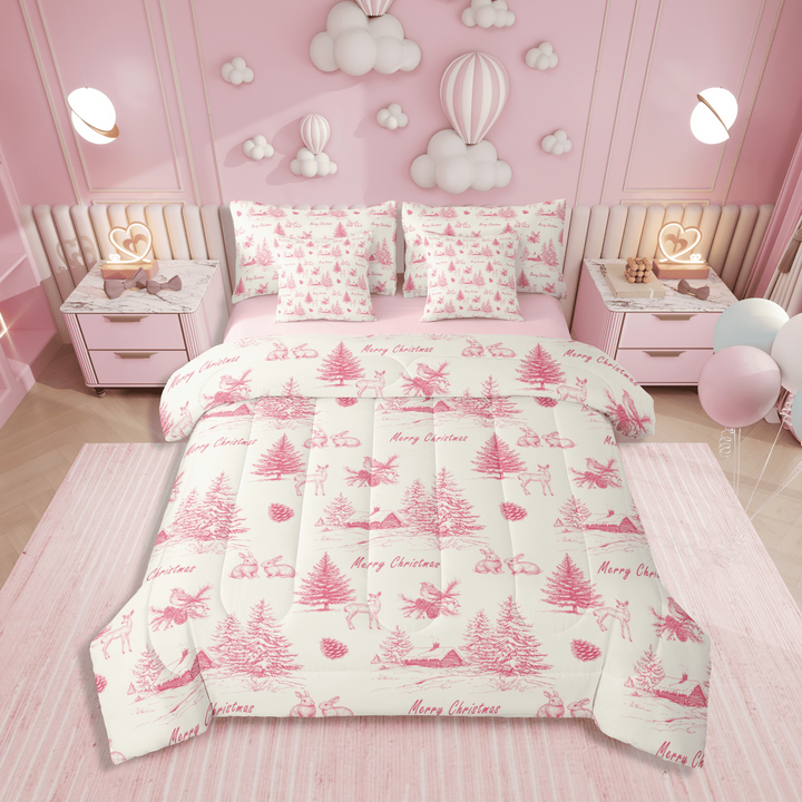 Pink Christmas Bed in a Bag Twin Size,Christmas Tree Village Comforter Set 7 Piece,Xmas Beige Bedding Sets,Cute Reindeer Rabbit Printed Sheet Set with Comforter