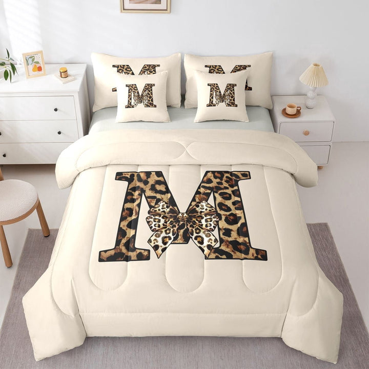 Erosebridal Teens Adults M Personalized Initial Twin Bedding Sets 7-Piece,Leopard Print Bow Knot Bedding Comforter Set For Girls Boys,Grey Reversible