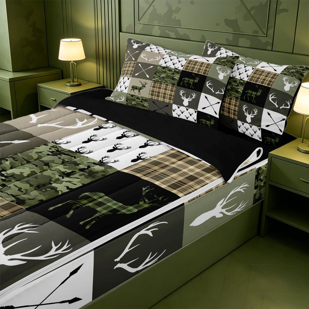 meiyoeat Rustic Patchwork Deer Zipper Twin Comforter Sets with Fitted Sheet and 2 Pillowcases For Boys,Vintage Farmhouse Camouflage Hunting Zipper Bedding Set, Green Brown,Black Reversible,4-Piece