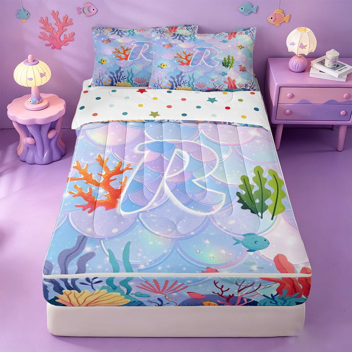 meiyoeat sea Mermaid Coral Zipper Full Size Comforter Sets with Fitted Sheet and 2 Pillowcases,Ocean Alphabet Letter R Zipper Bedding Set,Reversible,4-Piece