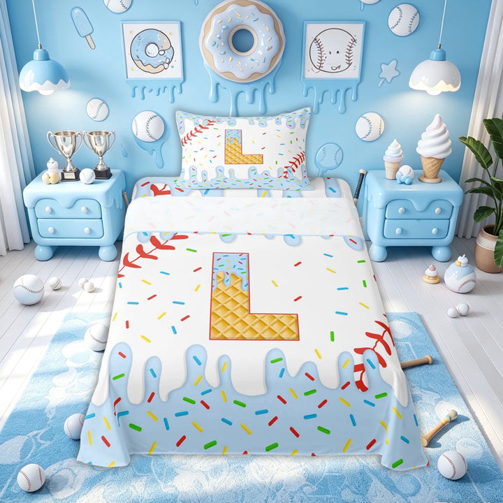 Meiyoeat Kawaii Ice Cream Baseball Full Size Sheets for Kids Girls Boys, Cute Blue Donut L Letter Bed Sheets, 4 Pieces