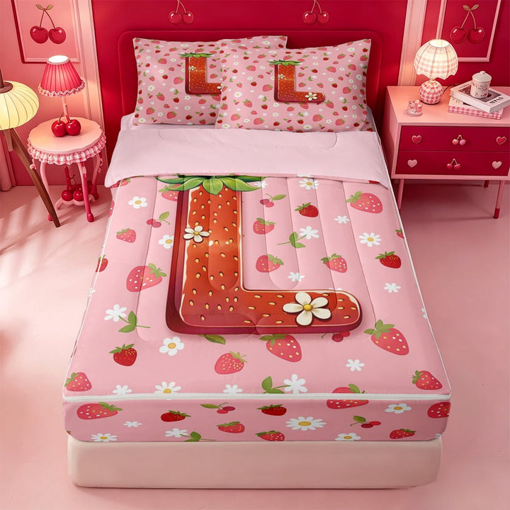 meiyoeat Cute Floral Daisy Zipper Twin Comforter Sets with Fitted Sheet and 2 Pillowcases,Print Red Letter L Zipper Bedding Set For Girl,Pink Reversible,4 Pieces