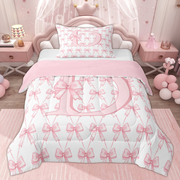 Erosebridal Kid Bowknot Initial D Twin Comforter Sets, Pink Princess Style Bedding Set, 2-Piece