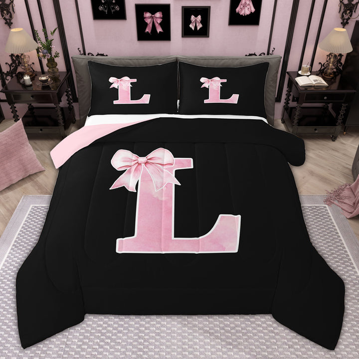Manfei Cute Girls Bowknot Bowtie Bedding Comforter Set, Monogrammed Twin Comforter Sets, Personalized Letter L Bedding Set, Lightweight Bedroom Decor, Reversible 2-Piece
