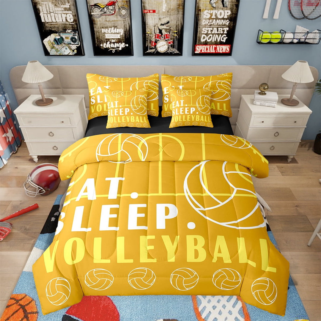Volleyball Bed in a Bag Twin Sport Game Ball Theme Comforter Set with Sheets Volleyball Room Decor Bed Set Volleyball Sports Bedding Sets Teen Sports Sheets 7 Pcs Yellow
