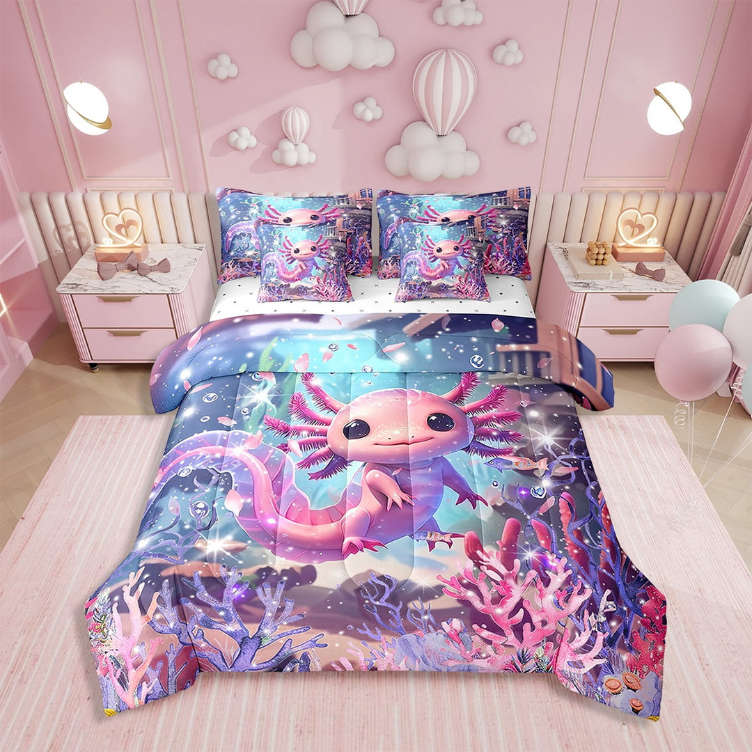 Erosebridal Cute Axolotl Comforter Set Twin 7 Pcs Ocean Sealife Cartoon Salamander Bedding Set Kawaii Underwater Reptile Animal Bed in a Bag with Comforter,Sheets