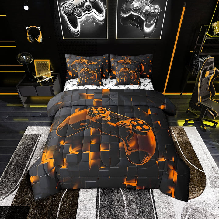 Gaming Gamer Bedding Twin Size 7pcs Video Games Comforter Set, Black and Orange Bedding Comforter Sets Glowing Geometric Grid Bed in a Bag, Gradient Game Controller Bed Sheets Set