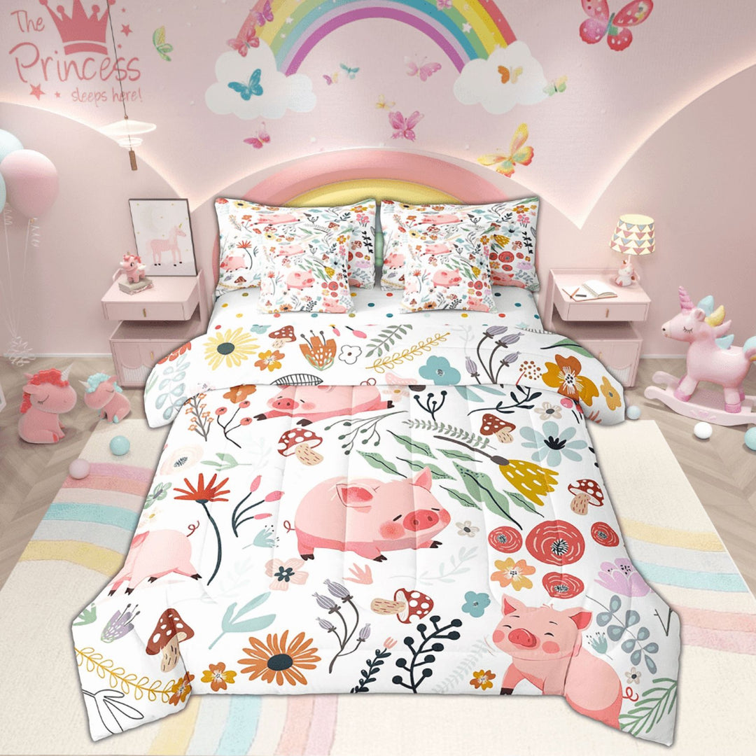 Kawaii Pink Pig Comforter Set 7 Piece Bed in a Bag Twin,Mushroom Floral Cartoon Animal Bedding Sets Watercolor Flowers Leaves Sheet Set with Comforter