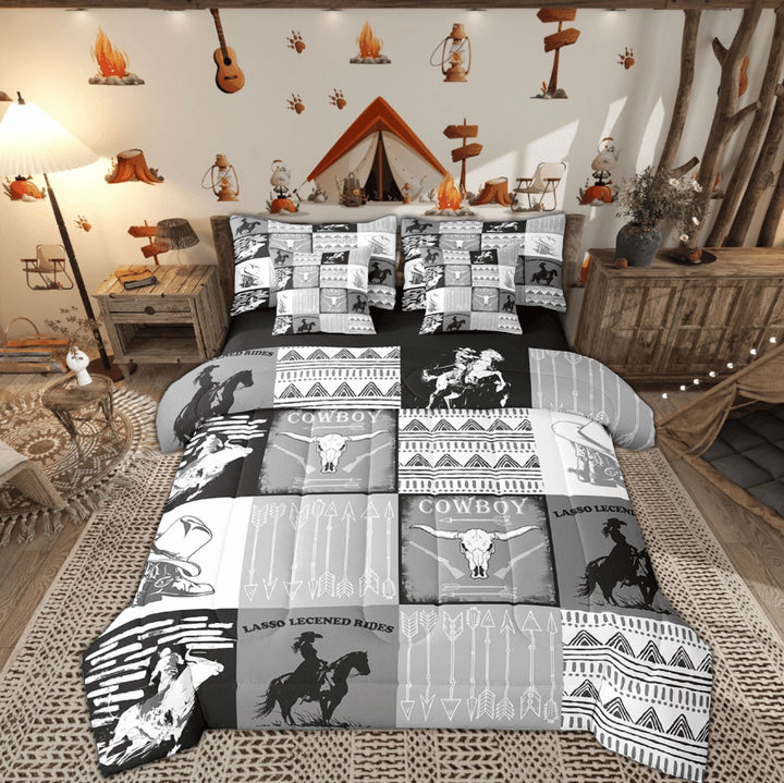 Country Western Bedding Sets Queen,Tribe Geometry Aztec Bed in a Bag Queen Comforter Set 7 Piece,Cowboy Horse Sheet Set with Comforter,Gothic Bull Skull Cowgirl Southwestern Decor,Black Grey