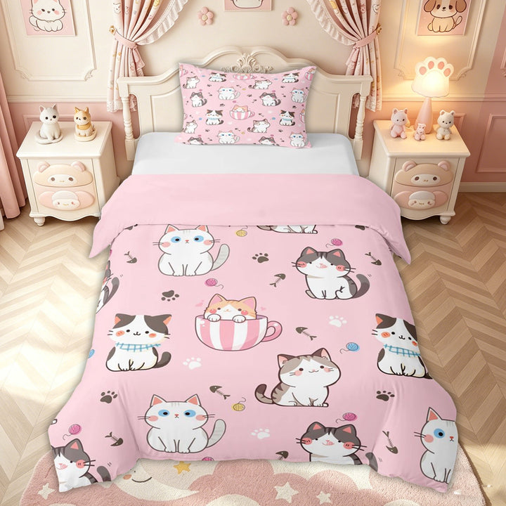 meiyoeat Pink Kawaii Cat Bedding for Kids Girls, Cute Kitten Animal Duvet Cover Full, Pink Reversible, 3pcs