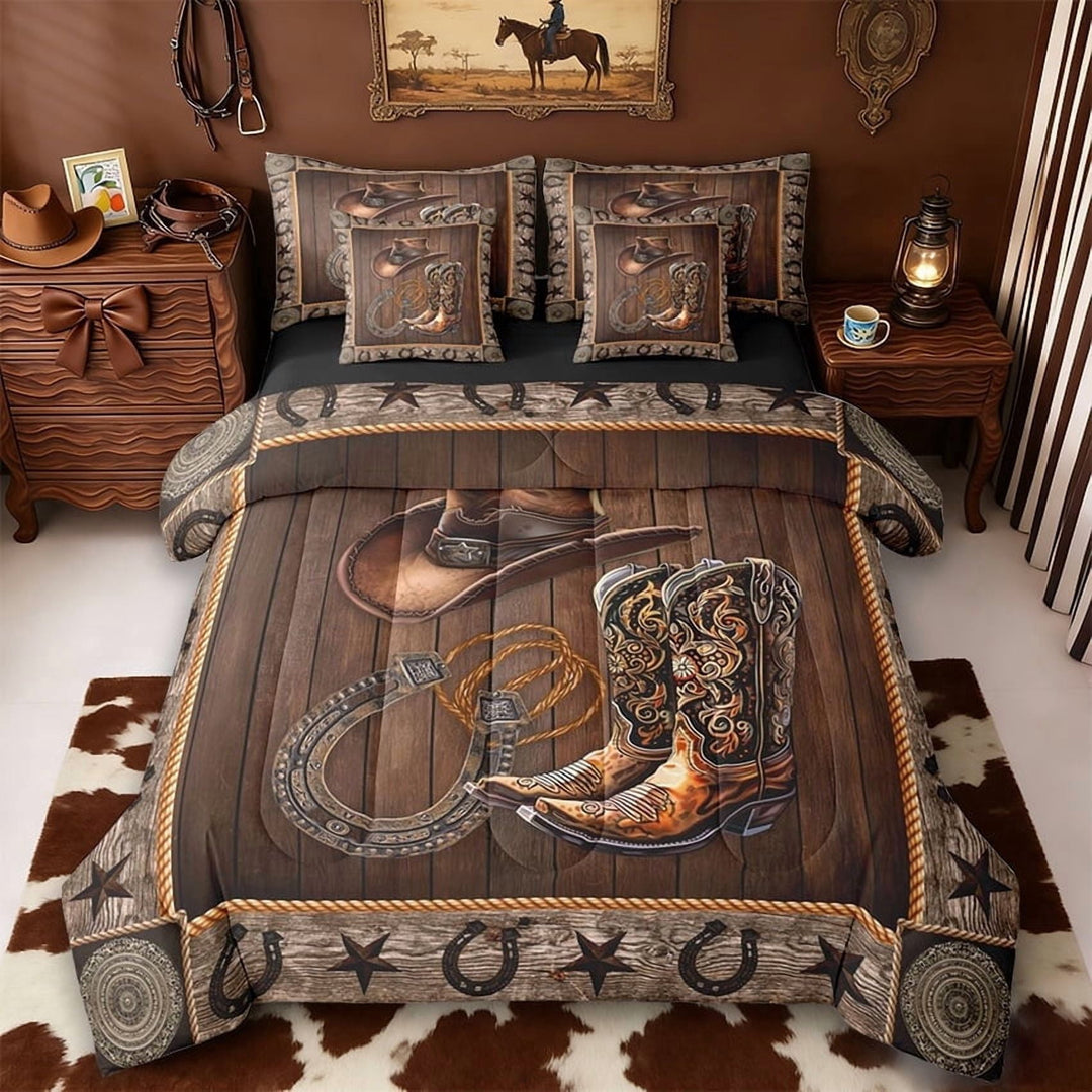 Erosebridal Bohemian Cowboy Boots Hat 7-Piece Twin Bedding Sets,Rustic Horseshoe Texas Stars Pattern Bedding Comforter Set,Reversible Black