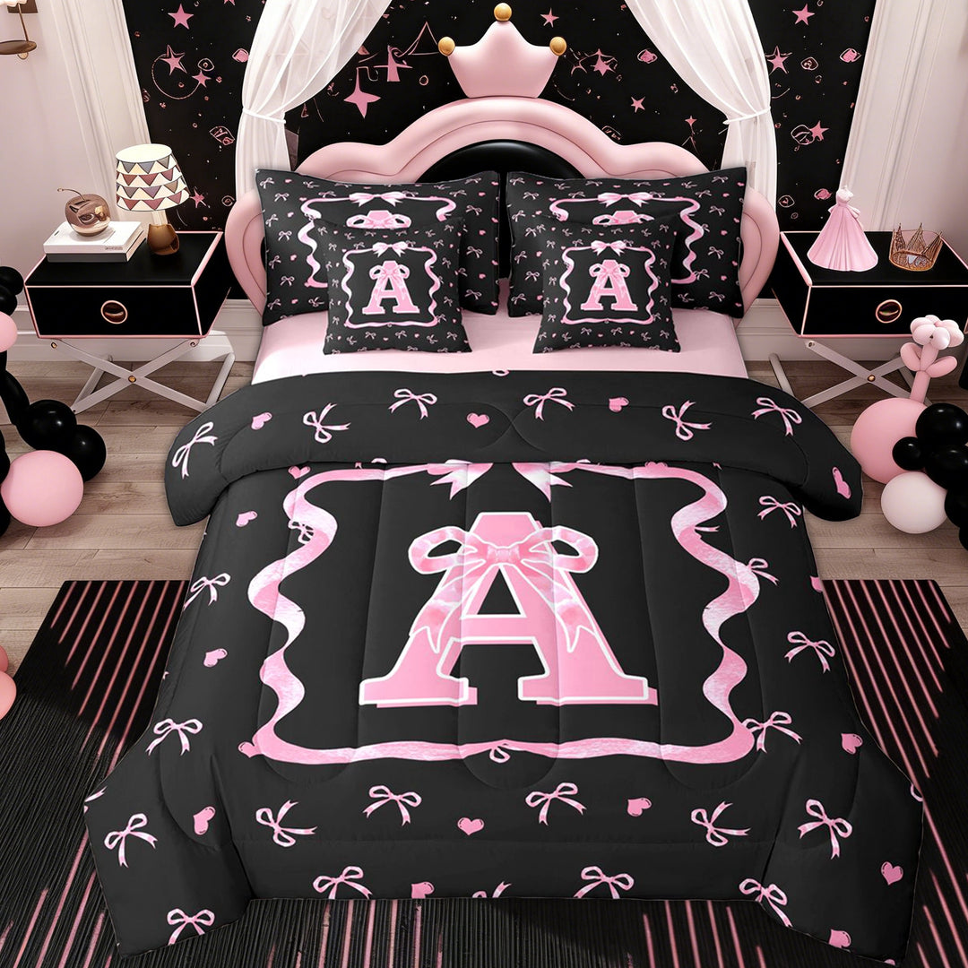 Erosebridal Kid Cute Ribbon Twin Bedding Sets 7-Piece, Initial A Letter Bedding Comforter Set, Pink Reversible