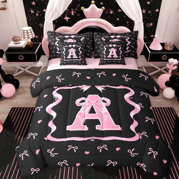 Erosebridal Kid Cute Ribbon Twin Bedding Sets 7-Piece, Initial A Letter Bedding Comforter Set, Pink Reversible
