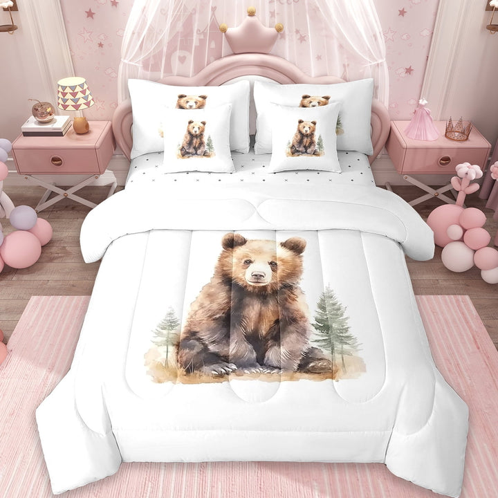 Erosebridal Cartoon Bear Bedding Sets Full Size,Cute Wild Animal Comforter Sets with Sheets,Plant Pine Tree Bed in a Bag Full Size For Teens,Lightweight Bedroom Decorative,7-Piece