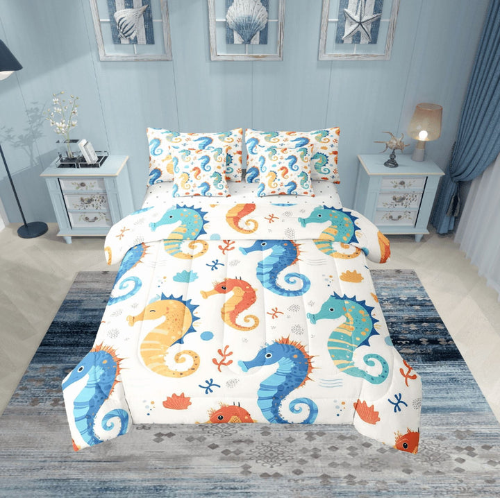 Erosebridal Cartoon Seahorse Bedding Twin Size, Seashell Bed in a Bag Twin size, Marine Coral Reversible Bed Set, Ultra Soft Bedroom Decorative, 7 Pieces