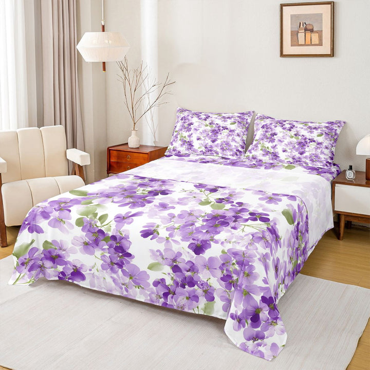 Manfei Purple Blossoms 4-Piece Full Size Sheets for Kids Children,Spring Graden Bed Sheets,Chic Floral Flowers Lightweight Sheet Sets,Microfiber Bedroom Decor