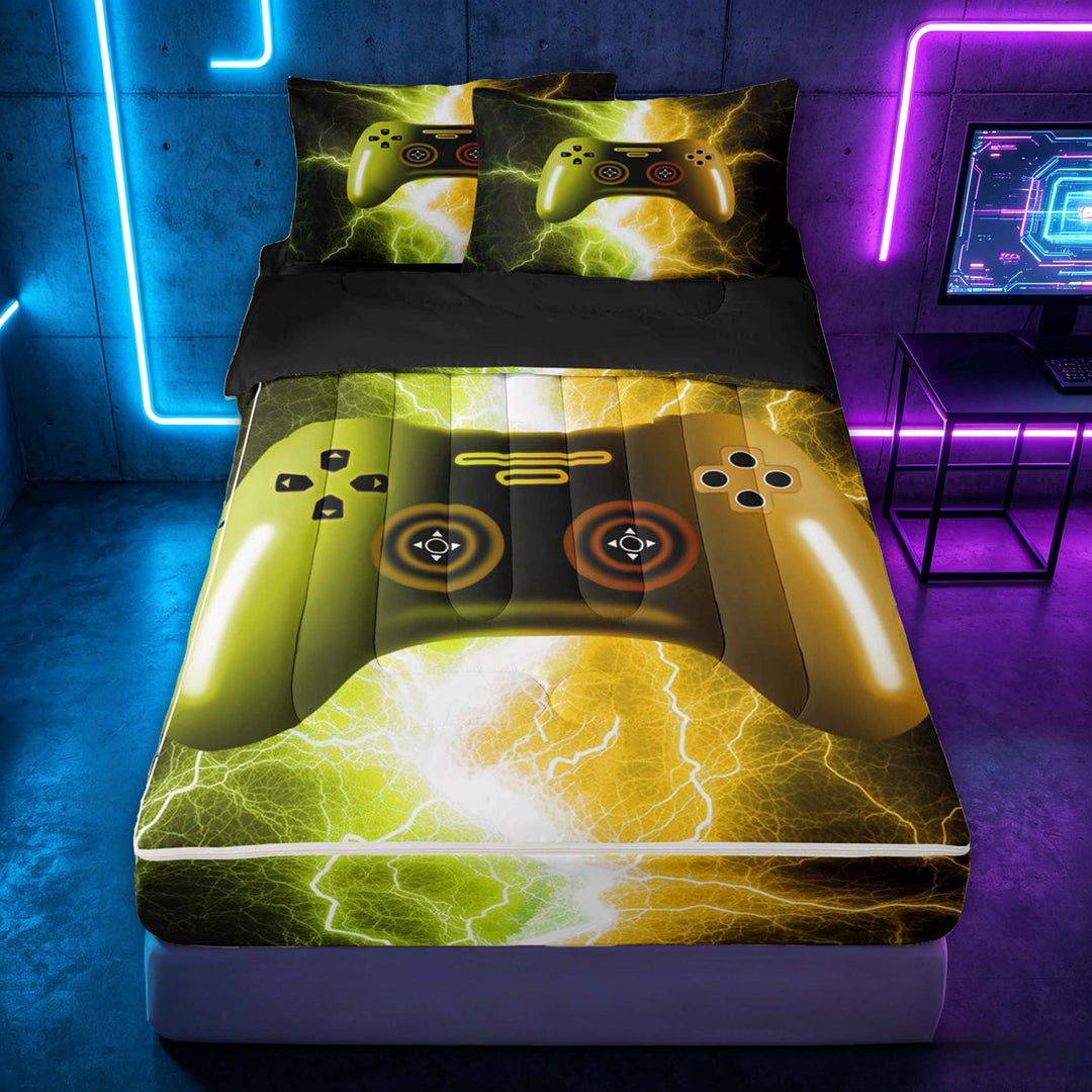 meiyoeat Neon Lightning Gamer Zipper Twin Comforter Sets with Fitted Sheet and 2 Pillowcases for Teens Boys, Electric Yellow Green Gaming Zipper Bedding Set, Black Reversible