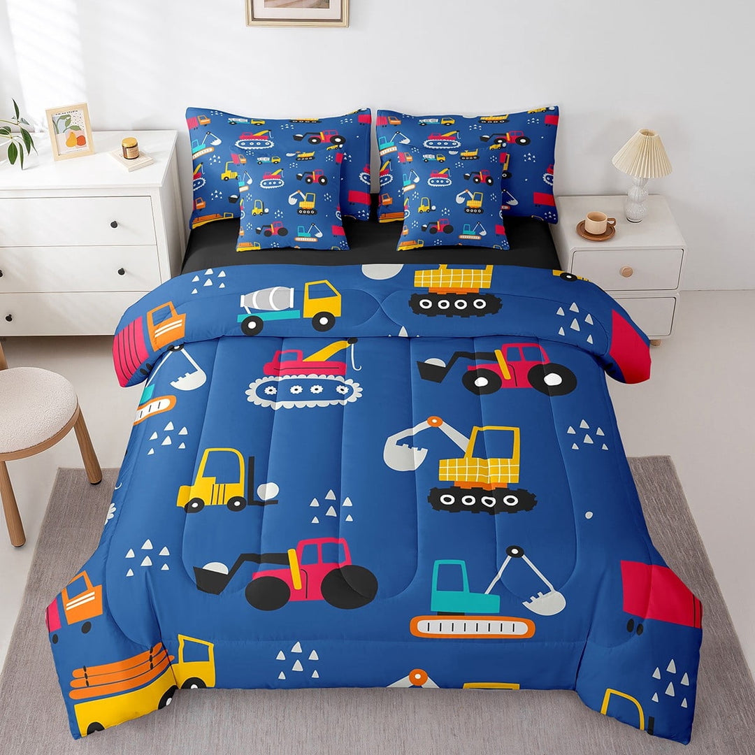 Cartoon Tractor Bedding Comforter Sets 7pcs Truck Bed in a Bag , Construction Vehicle Twin Bedding Sets Excavator Bulldozer Comforter Set Equipped Truck Bedding Sets, Navy