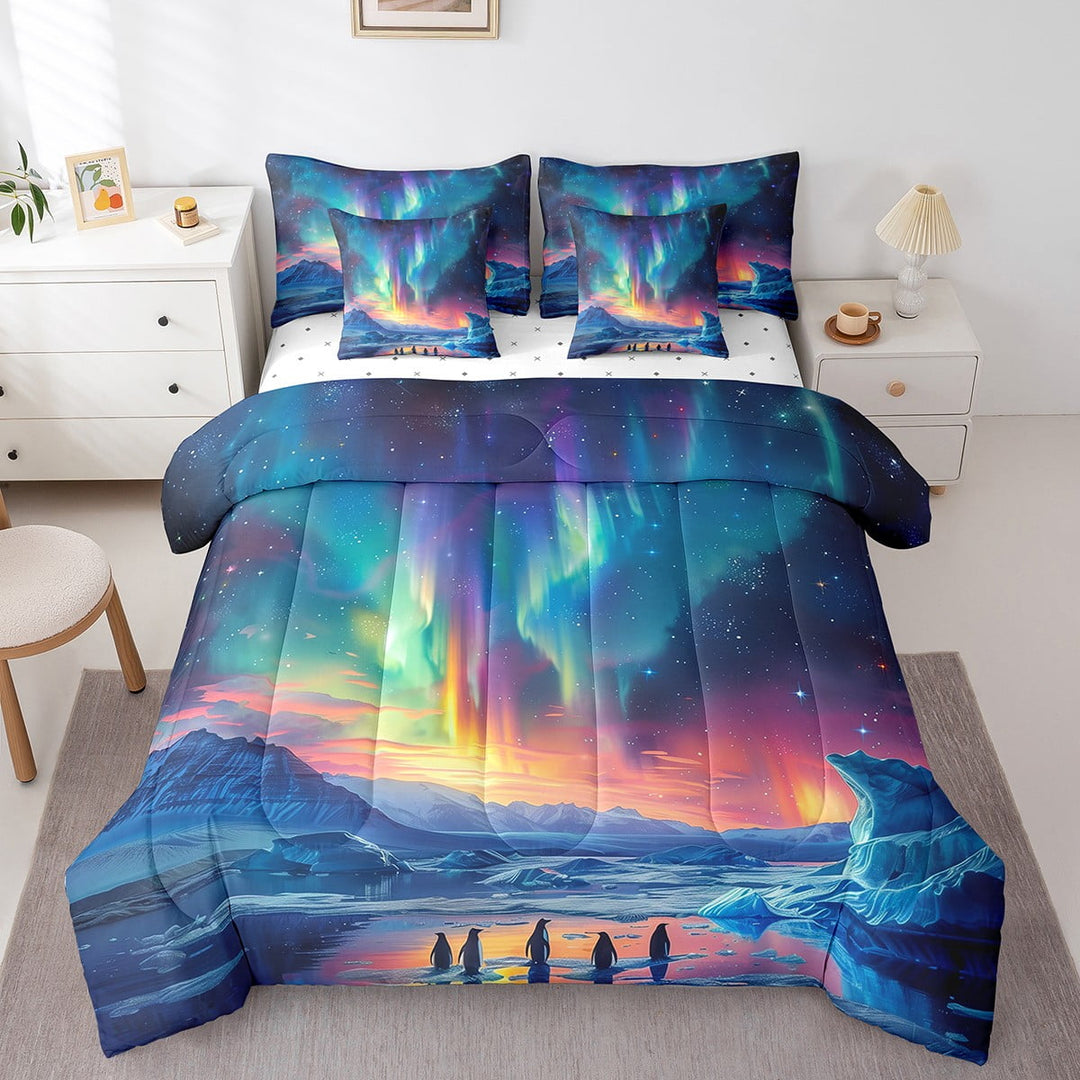 Aurora Australis Bedding Antarctic Southern Lights Comforter Set Twin 7Pcs Southern Iceland Hill Mountain Comforter + Flat Sheet + Fitted Sheet + 2 Pillowcases + 2 Throw Pillow Covers