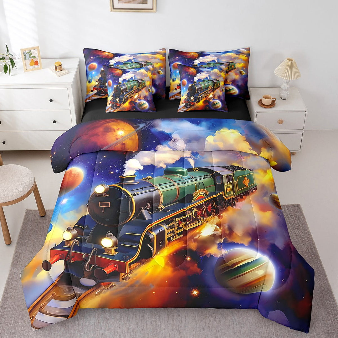 Erosebridal Green Train Bedding Sets Twin Size,Galaxy Universe Comforter Sets with Sheets,Abstract Railroad Bed in a Bag Twin size,Ultra Soft Male Bedroom Decor,Reversible,7-Piece