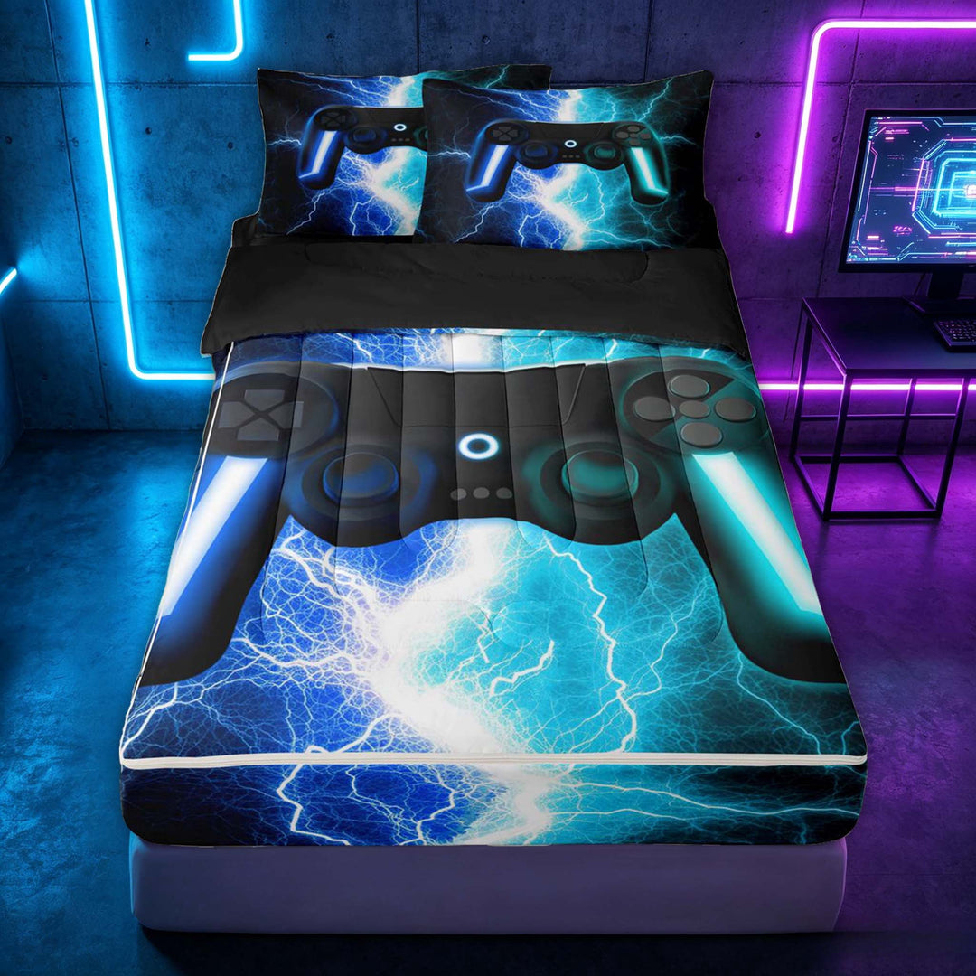meiyoeat Neon Lightning Gaming Zipper Twin Comforter Sets with Fitted Sheet and 2 Pillowcases for Boys Girls, Electric Gamer Zipper Bedding Set, Blue Cyan, Black Reversible