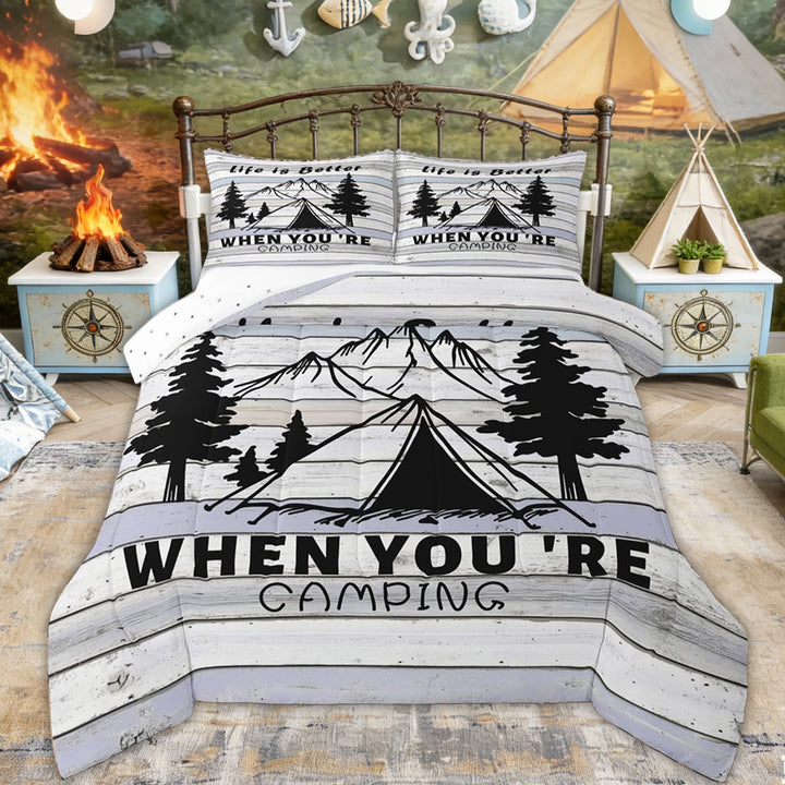 Erosebridal Black Tent Mountain Camping Queen Comforter Set, Wood Grain Quote Bedding Comforter Set for Men and Women, 3pcs