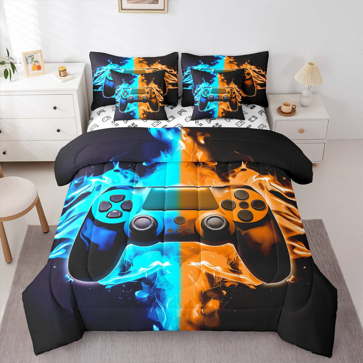 Erosebridal Gamer Comforter Set with Sheets Twin Size Gaming Bed in a Bag Set Teens Modern Game Console Controller 7 Pieces Bedding Set Joystick Room Decor Blue Orange