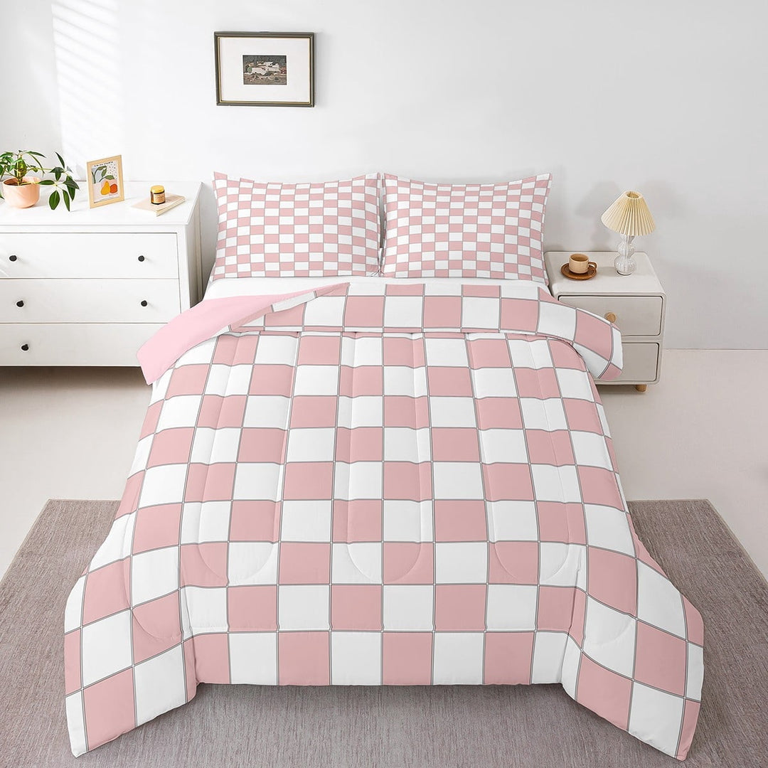 Erosebridal White Pink Plaid Comforter Set Queen Light Pink Checkerboard Bedding Set,Checkered Grid Quilt Set Modern Aesthetic Geometric Bed Set Room Decor