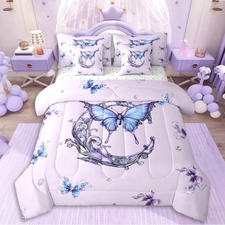 Erosebridal Teens Elegant Personalized C Initial Twin Bedding Sets 7-Piece,Girls Blue Purple Crystal Butterflies Bedding Comforter Set,Lightweight Room Decor
