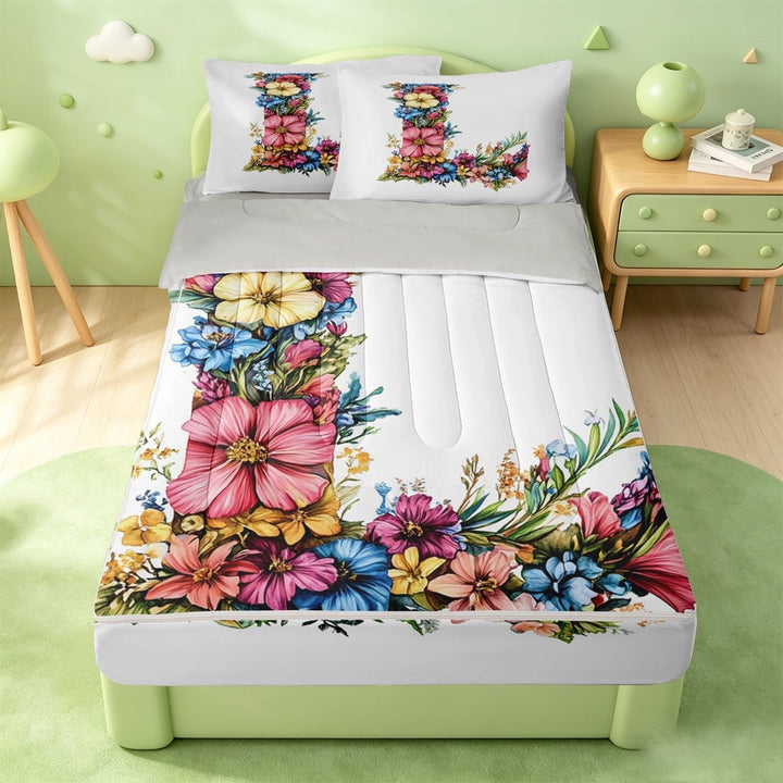 meiyoeat Rustic Flower Zipper Full Size Comforter Sets with Fitted Sheet and 2 Pillowcases For Girls,Colorful Cute Letter L Print Zipper Bedding Set,Light Gray Reversible,4pcs