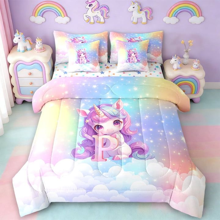 Erosebridal Cute Unicorn Bed In A Bag Twin Size, Initial Printed P Bed Set, Rainbow Galaxy Bedding Twin Size, Microfiber Bedroom Decorative,7 Pieces Reversible