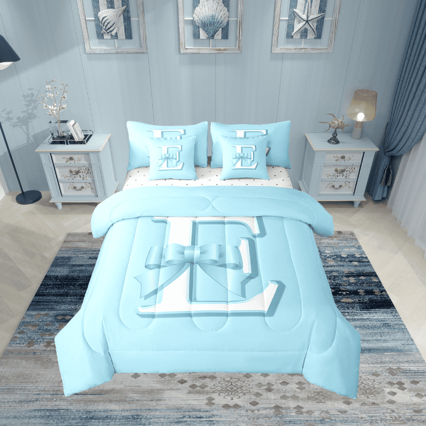 Erosebridal Blue Bowknot Bedding Sets Twin Size, Initial Letter E Comforter Sets with Sheets, Cartoon Monogrammed Reversible Bed Set, Breathable Bedroom Decorative, 7pcs