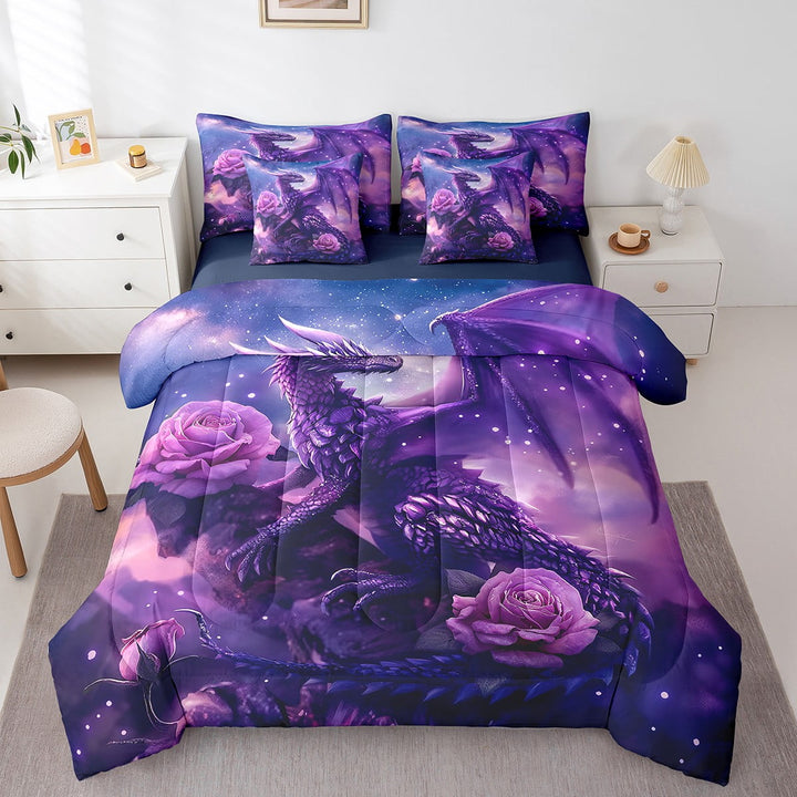 Magical Dragon Full Bedding Set 7 Pcs Western Aesthetics Animal Comforter Set With Sheets Rose Flower Wildlife Bed In A Bag Teen Adults Starry Sky Soft Lightweight Bed Set
