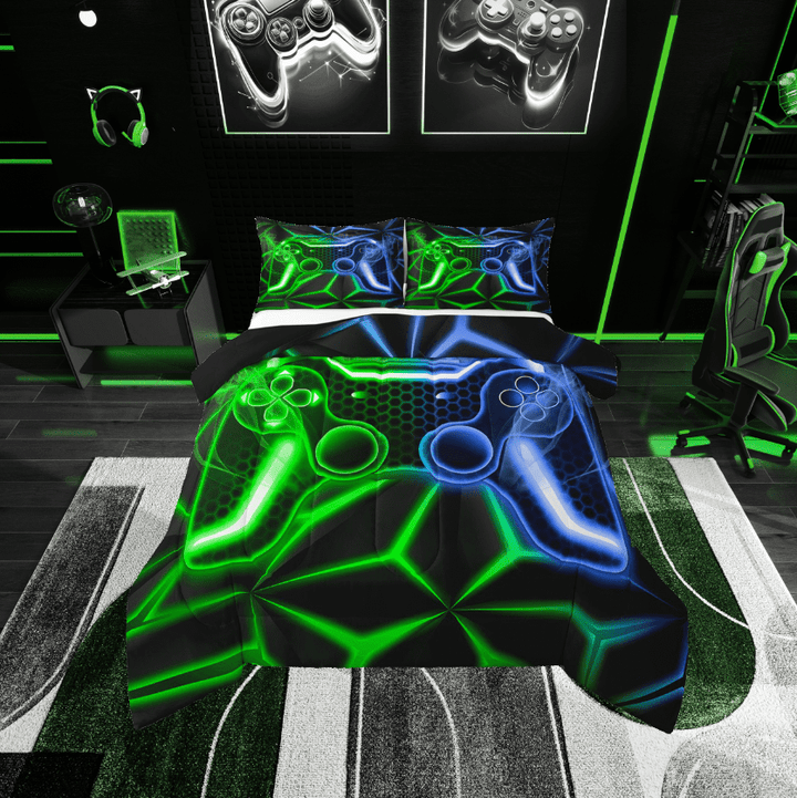 Erosebridal Teens Gamepads Bedding Twin Comforter Set,Green Blue Down Comforter,Video Game Bedding Sets Twin with Comforter,Breathable Geometric Room Decor,Reversible,2-Piece