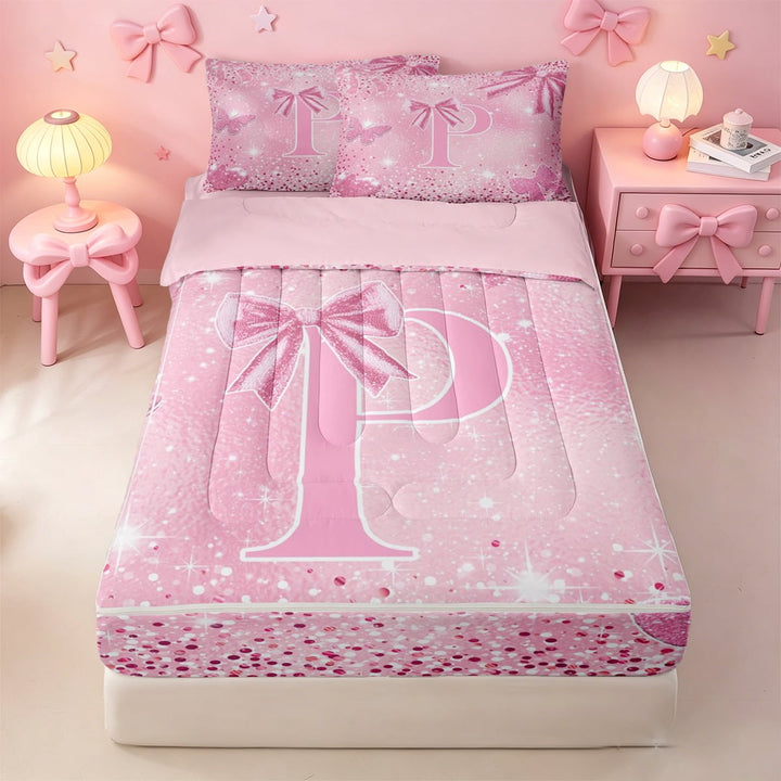 meiyoeat Glitter Bowknot Print Monogram P Zipper Full Size Comforter Sets with Fitted Sheet and 2 Pillowcases,Pink Cute Initial Zipper Bedding Set For Girl,Pink Reversible,4-Piece