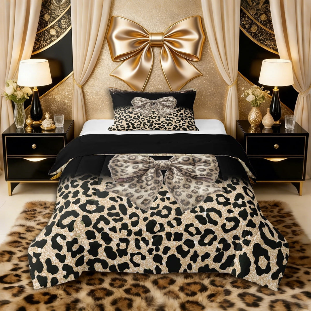 Erosebridal Brown Bowknot Twin Comforter Sets 3-Piece for Teens,Girls Leopard Print Bling Glitter Bedding Set,Black Reversible,Lightweight Room Decor