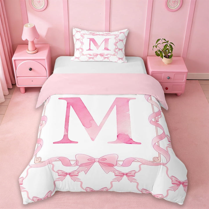 Erosebridal Girls Pink Bowknot Twin Bedding,Initial Alphabet M Duvet Cover Set For Kids,Reversible pink,2-Piece(No Comforter)