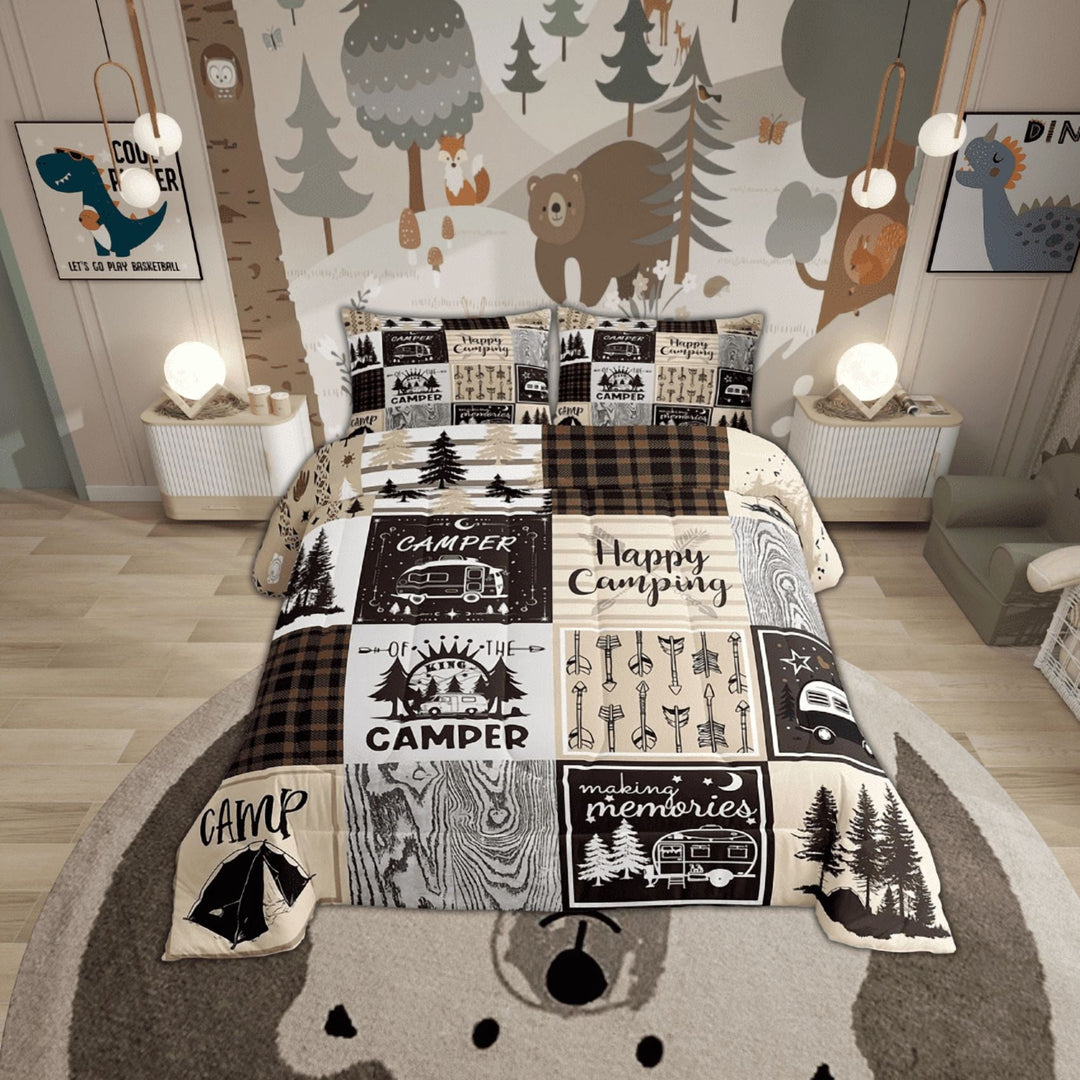 Camper Full Comforter Set For Bunk Travel Trailers,Rustic Plaid Camping Car Quilt Set Camping Accessories Bedding Set For Rv Campers,Country Cabin Lodge Decor Bed Duvet Set Brown Beige