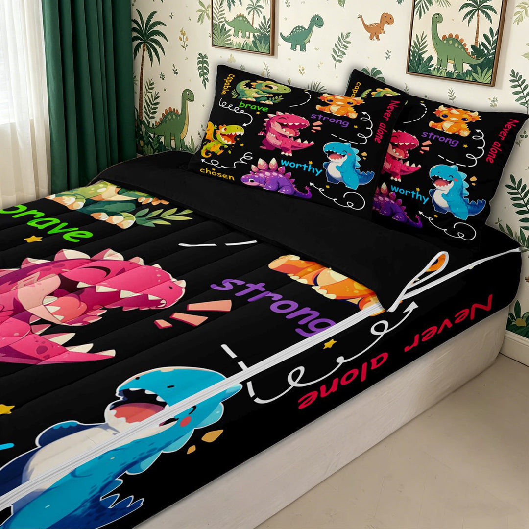 meiyoeat Cute Dinosaur Zipper Full Size Comforter Sets with Fitted Sheet and 2 Pillowcases for Kids Boys, Inspirational Zipper Bedding Set for Bedroom, Black Multicolor, Black ReversibleB