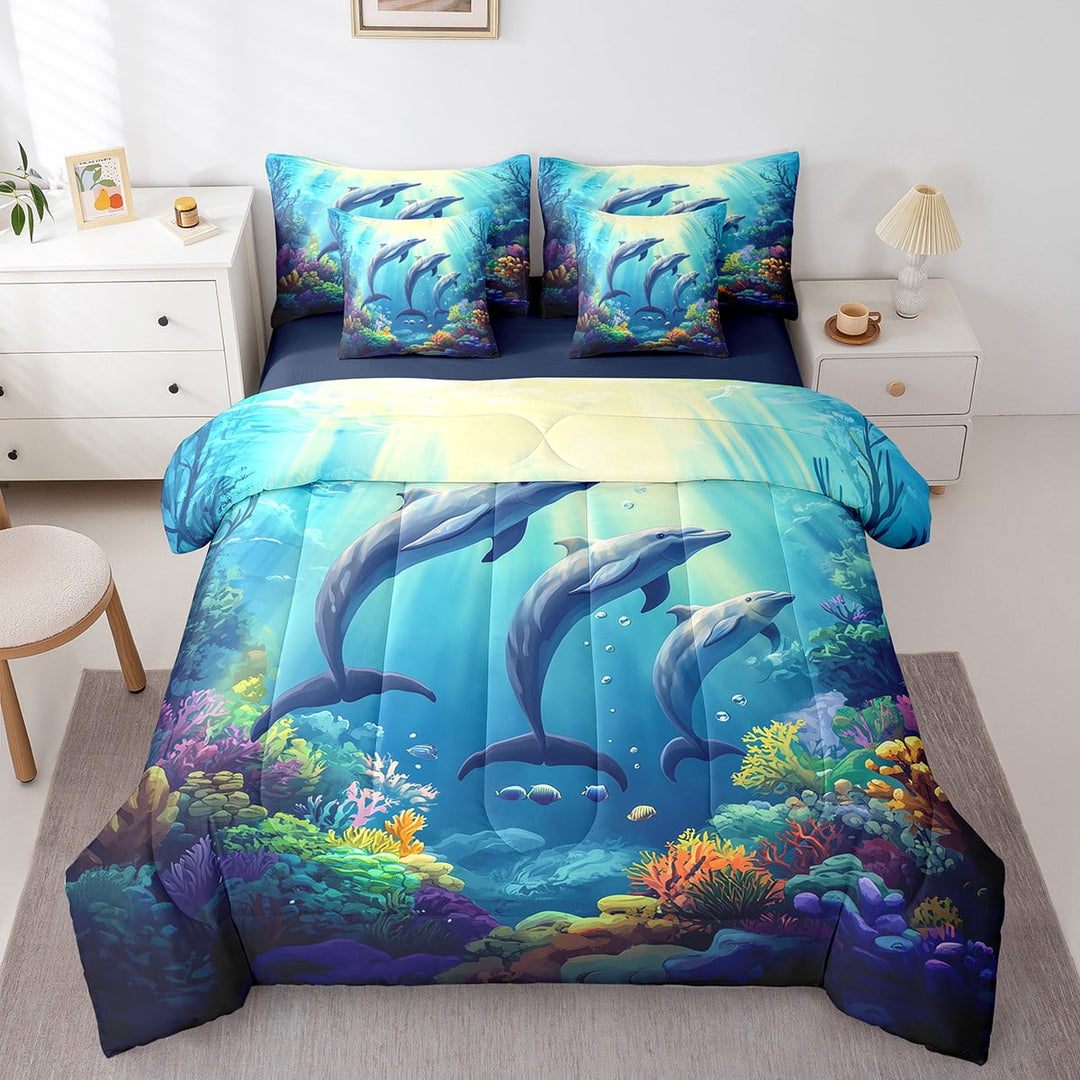 Erosebridal Dolphin Comforter Set Twin 7 Pieces Cute Ocean Animal Jumping Dolphins Sea Creatures Bedding Set Marine life Sealife Bed in a Bag with Comforter,Sheets