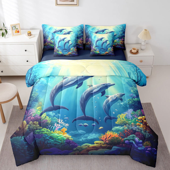 Erosebridal Dolphin Comforter Set Twin 7 Pieces Cute Ocean Animal Jumping Dolphins Sea Creatures Bedding Set Marine life Sealife Bed in a Bag with Comforter,Sheets