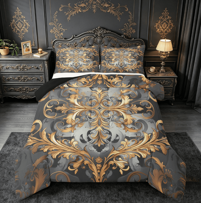 Erosebridal Retro Damask Flower Bedding King Comforter Set,Boho Bohemain Down Comforter,Gold Gray Gothic Flower Bedding Sets King with Comforter For Kids,Breathable Bedroom Decor Reversible£¬3 Pieces