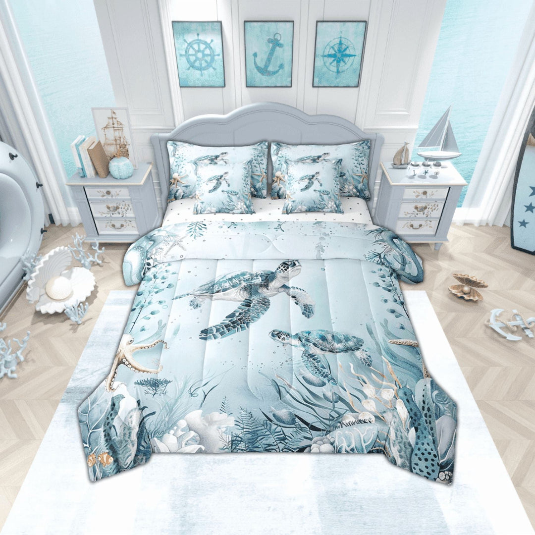 Sea Turtle 7 Piece Comforter Set Full Bed in a Bag,Teal Blue Ocean Beach Coastal Bedding Set Starfish Octopus Sheet Sets with Comforter Underwater Creature Coral Bed Set,Kawaii Fish Room Decor