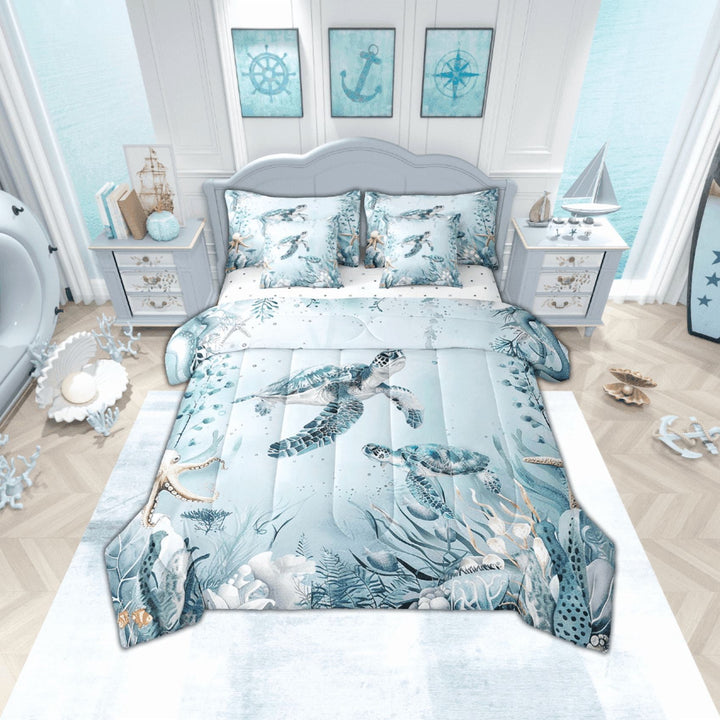 Sea Turtle 7 Piece Comforter Set Full Bed in a Bag,Teal Blue Ocean Beach Coastal Bedding Set Starfish Octopus Sheet Sets with Comforter Underwater Creature Coral Bed Set,Kawaii Fish Room Decor