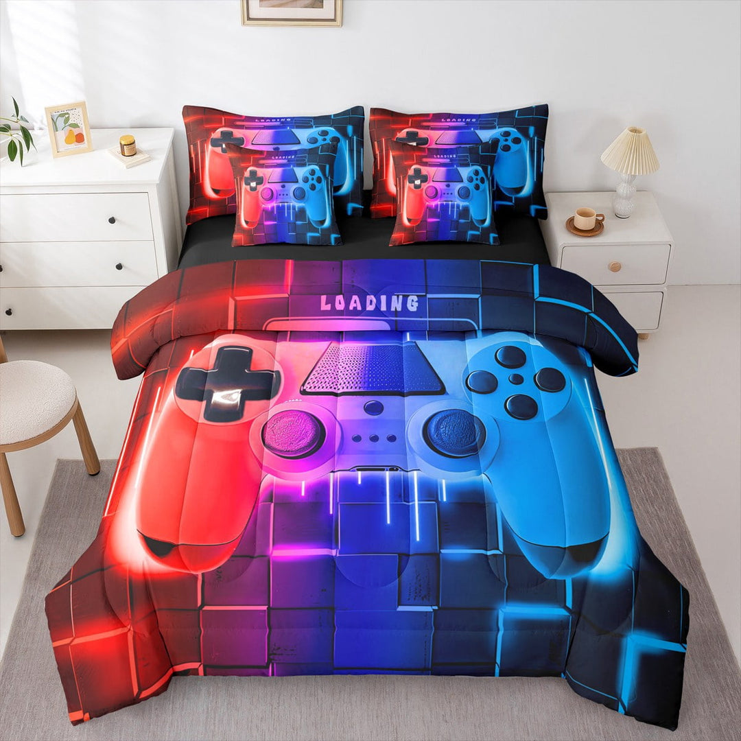 Red Blue Gaming Comforter Set 7 Piece Bed in a Bag Twin,Gamer Bedding Sets Neon Lights Abstract Geometry Sheet Set with Comforter Gamer Room Decor