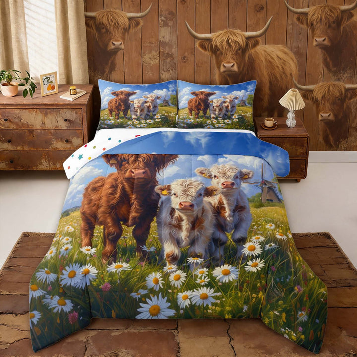 Erosebridal Cute Highland Bull Queen Comforter Set for Kids, Rustic Windmill Daisy Bedding Comforter Set