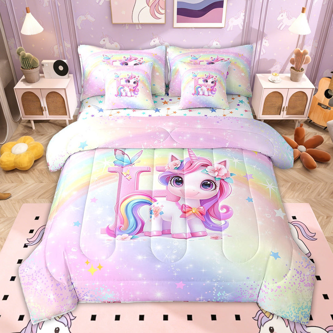 Erosebridal Rainbow Unicorn Bedding Sets Twin Size for Kids Girls, Initial H Bedding Comforter Set, Colorful Stars Reversible, 7pcs