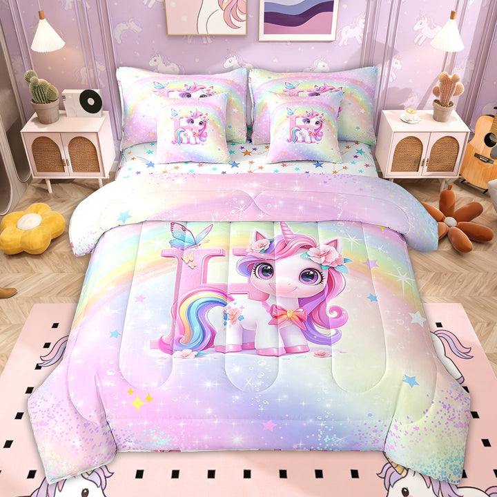 Erosebridal Rainbow Unicorn Bedding Sets Twin Size for Kids Girls, Initial H Bedding Comforter Set, Colorful Stars Reversible, 7pcs