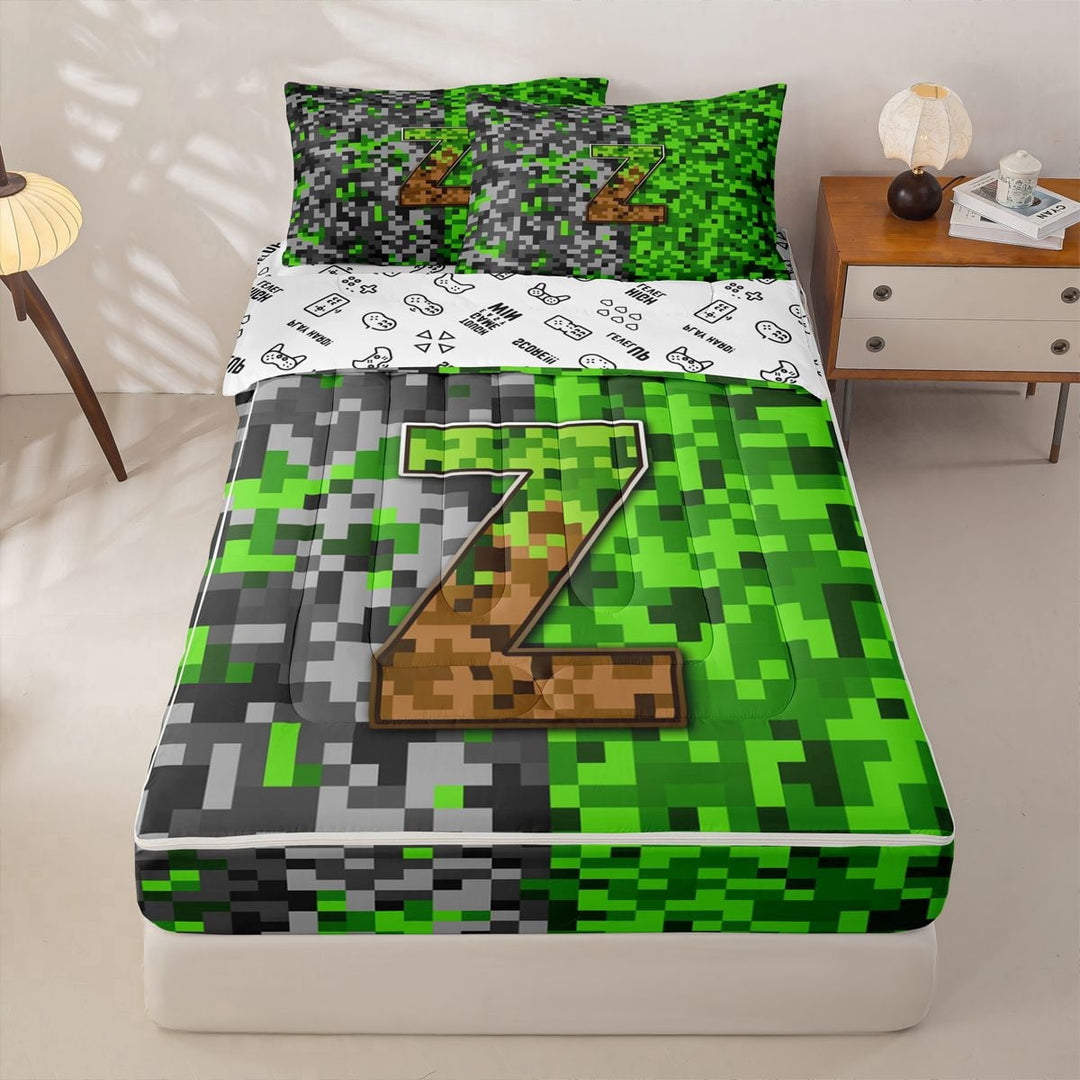 jejeloiu Retro Pixel Gamer Print Zipper Twin Comforter Sets with Fitted Sheet and 2 Pillowcases For Kids,Personalized Initial Letter Z Zipper Bedding Set For Boys,Reversible,4 Pieces