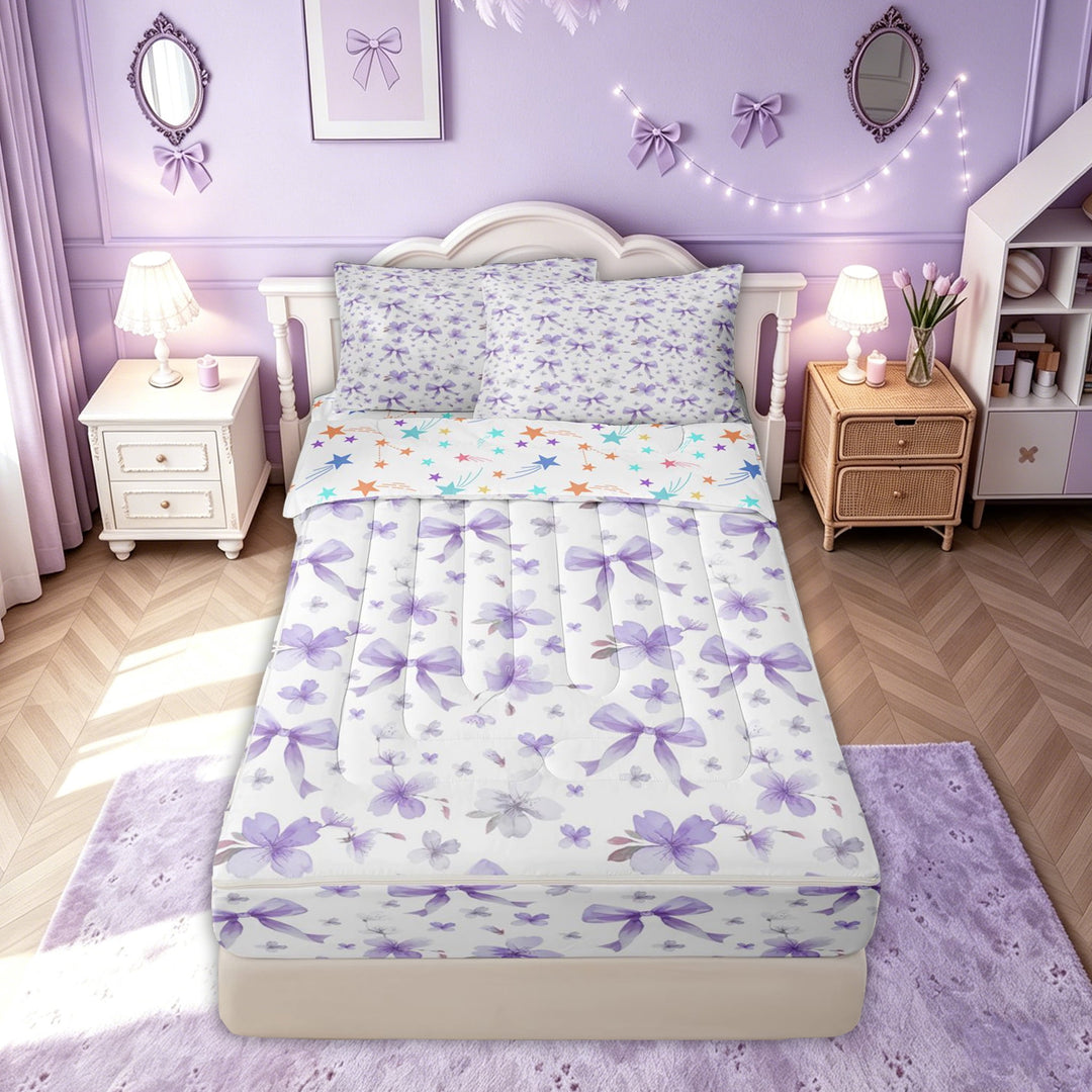 meiyoeat Dreamy Bow Flower Zipper Full Size Comforter Sets with Fitted Sheet and 2 Pillowcases for Women Girls, Lavender Purple Cherry Blossoms Zipper Bedding Set, Colorful Star Reversible, 4 Pieces
